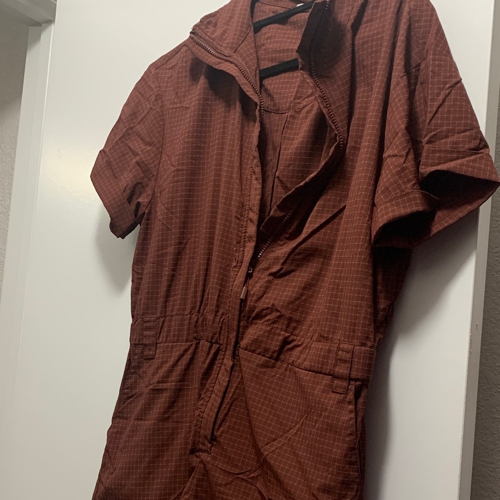Fabletics Rust Brown Short-Sleeve Zip Front Jumpsuit